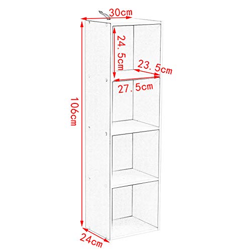 WOLTU Estantería para Libros Estantes de Piso Estantería de Exposición Estantería de Pared con MDF, Blanco, Estante para Oficina Gabinete para Archivos, 4 Compartimentos, 30x24x106cm SK003ws4