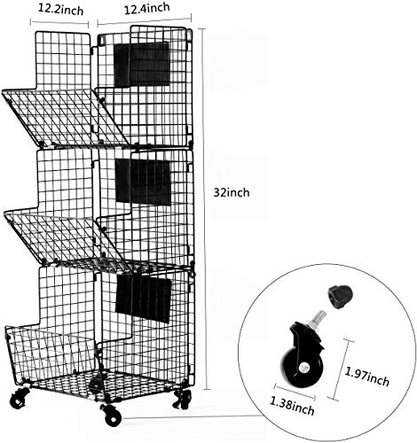 X-cosrack Cestas de Frutas y Verduras Colgantes de 3 Niveles con Rueda-Organizador de La Cesta,5pcs S-Hooks,Pizarras Extraíbles, Cocina,Frutas,Verduras,Artículos de Tocador,Negro