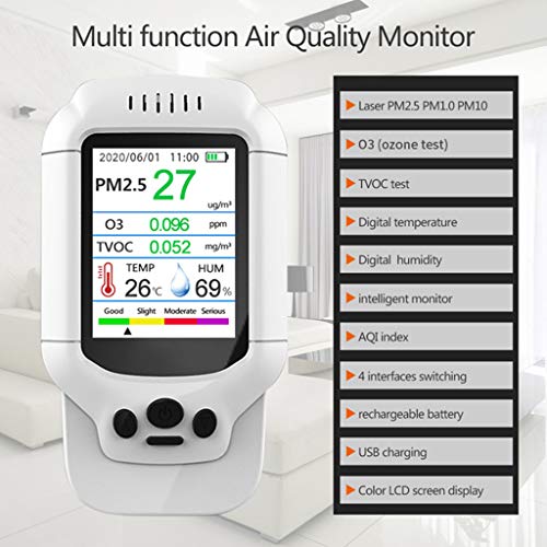 Xzbnwuviei - Detector de ozono siete en uno, medidor de ozono portátil O3 0-5 ppm de rango de detección rápida, multimonitor de gas, detector de calidad del aire, TVOC PM2.5 analizador de gas DM502-O3