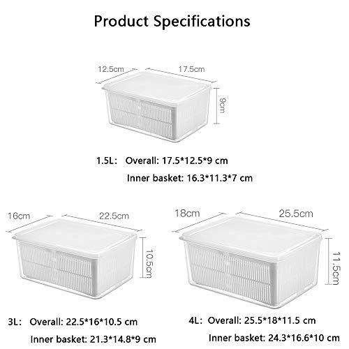 YCHBOS Drenable Gran Capacidad Contenedores de Plástico con Tapas, Sin BPA Recipientes Herméticas con Escala, para Microondas, Congelador (3 Piezas)