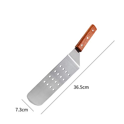 YFOX Utensilios de cocina con espátula de acero inoxidable,espátula con orificio,espátula oblicua con mango de madera,utilizada para barbacoa teppanyaki,es un buen ayudante en la cocina