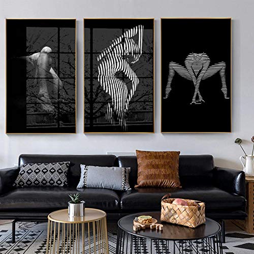 ZDFDC Pintura de Silueta de Mujer Sexy en Blanco y Negro sobre Lienzo Carteles e Impresiones Cuadro de Pared para Dormitorio Sala de Estar Decoración-40x65cmx3 sin Marco