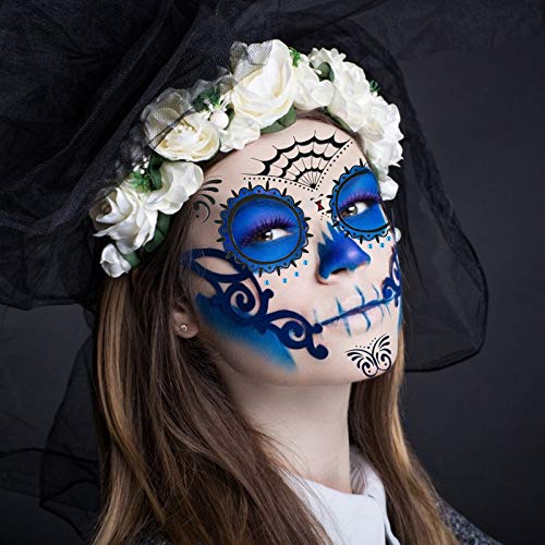 ZERHOK Tatuaje Cara temporales Halloween 8pcs Etiqueta Mascarada diseño cráneo con Gemas Cara Mujer Adhesivas para Maquillaje en Halloween día de Muerto y Baile de Disfraz para Mujer Hombre y niños