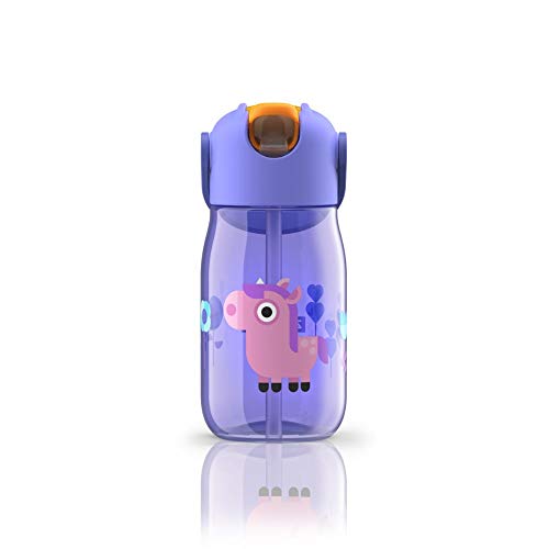 Zoku Kids Flip Straw Bottle, 14 onzas botella de agua Tritan ligera con pajita de silicona a prueba de fugas y bucle de transporte, apto para lavavajillas