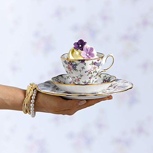 100 años de Royal Albert 1940 Inglés Chintz – Taza y platillo (y 20 cm Plato, Porcelana, Blanco, Juego de 3