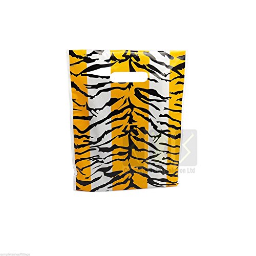 100 bolsas de plástico resistentes para transporte de Zebra Leopard Tiger, unión de tigre, mango troquelado (Tiger)