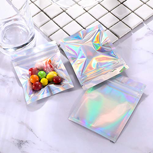 100 Piezas de Bolsa con Cierre a Prueba de Olor Resellable Bolsa Plana de Papel Aluminio para Almacenaje de Alimentos Favores de Fiesta (Color Holográfico, 3 x 4 Pulgadas)