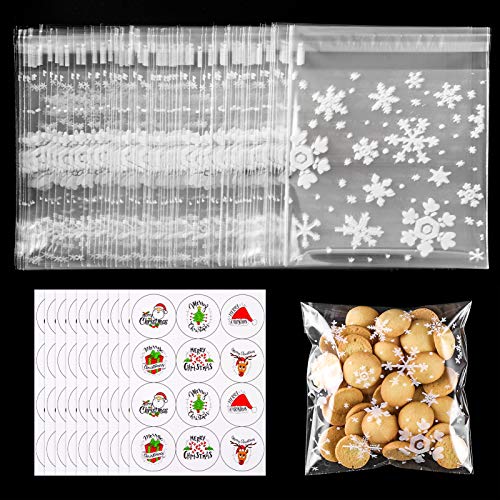 100pcs Bolsas de Celofan Navidad Bolsas para Chuches Autoadhesivo Copo de Nieve Bolsitas de Regalos de Dulces Transparente con Pegatinas Navidad para Confeti de Aperitivos Dulces Galletas