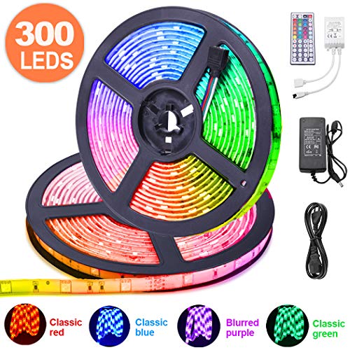 10M RGB Tira de LED 12V con Chip SMD 5050, ESEYE IP65 Impermeable Flexibles Multicolor 300 LEDs Strip Tiras Con Mando a Distancia y Adaptador Corriente Luce de LEDPara TV/Fiestas/Luz Ambiental