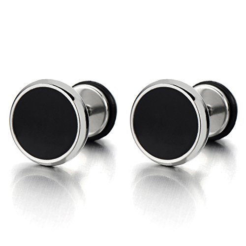 10MM Círculo Pendientes para Hombres Mujer, Acero Inoxidable con Esmalte Negro, Enchufe falso Fake Plug, 2 Piezas