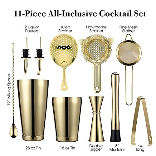 11 Piezas Kit Cocteleria Profesional Juego de Coctelería Acero Inoxidable Cocteleras de Cóctel Set Kit para Hacer Cócteles Ideal para Hogar Bar Mezclar Bebidas (Golden)