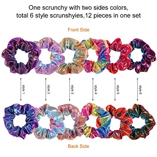 12 Pcs Pelo Elástico Banda scrunchies brillantes gomas de pelo scrunchies Metálicos para el Cabello Scrunchy Gradient Mermaid Colors Hair Ties Cuerdas para mujeres,12 colores