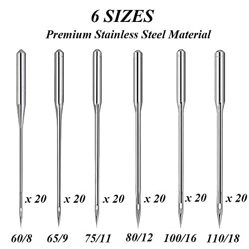 120 Piezas Agujas para Máquina Coser, Agujas Costura, Agujas Máquina Universales, Tamaños 60/8, 65/9, 75/11, 80/12, 100/16, 110/18, Acero Inoxidable Universal Hogar para Máquina Coser (6 Tamaños)