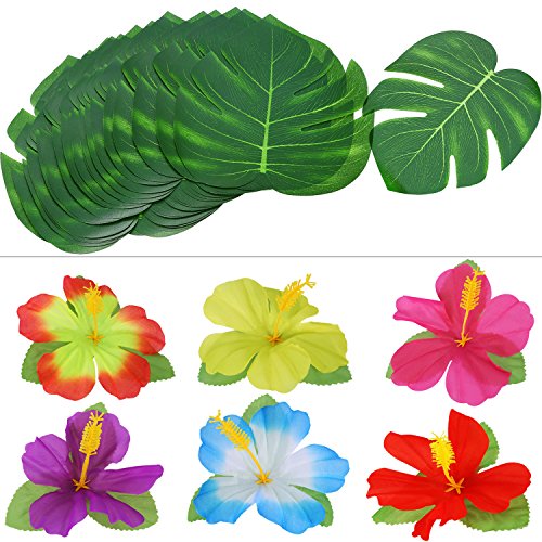 148 Piezas de Decoraciones de Fiesta Temática Luau, 24 Piezas Hojas de Palma Tropicales, 24 Piezas Flores Hawaianas, 50 Piezas Paraguas de Colores Variados y 50 Piezas de Pajitas Fruta 3D Coloridas