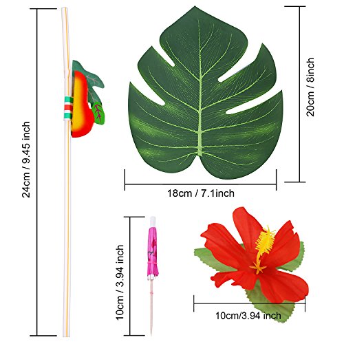 148 Piezas de Decoraciones de Fiesta Temática Luau, 24 Piezas Hojas de Palma Tropicales, 24 Piezas Flores Hawaianas, 50 Piezas Paraguas de Colores Variados y 50 Piezas de Pajitas Fruta 3D Coloridas