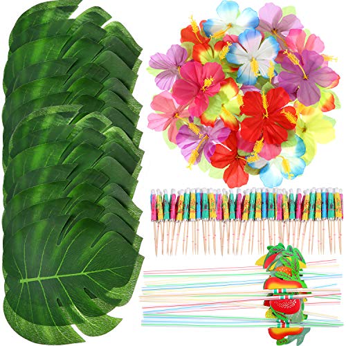 148 Piezas de Decoraciones de Fiesta Temática Luau, 24 Piezas Hojas de Palma Tropicales, 24 Piezas Flores Hawaianas, 50 Piezas Paraguas de Colores Variados y 50 Piezas de Pajitas Fruta 3D Coloridas