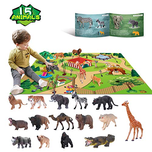 15 Juguetes de animales para niños de 3 4 5 6 años de edad juego salvaje de la selva juguetes educativos de plástico para animales con alfombrilla de juego regalos de fiesta de tigre y león para niños