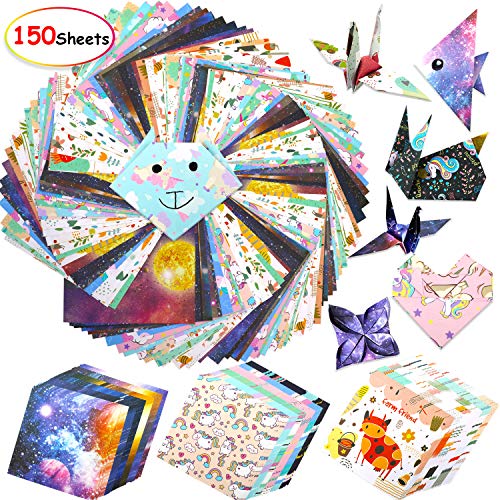 150 Papel de Origami, Cartulina de vívido Colores con Hermosos Estampados, Cuadrado Papel Plegable Doble Cara Papel papiroflexia para niños y Adultos, DIY Proyectos de Artes y Manualidades 15x15cm