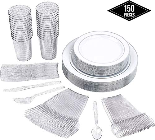 150 Piezas - 50 Elegante Platos Plástico IRROMPIBLES con Borde Plateado (2 Tamaños)| 25 Cucharas 25 Tenedores 25 Cuchillos 25 Vasos - Desechable, Resistente y Reutilizable| Cumpleaños Fiestas Bodas