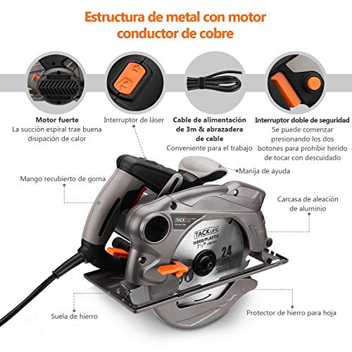 1500W 4700RPM Sierra Circular, Corte 63mm (90º), 45mm (45º), 24T+40T Cuchilla, Guía Laser, Motor de Cobre Puro, Cable de 3 Metros, Cortar Madera y Metal etc -PES01A