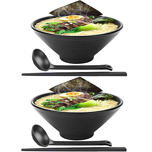 2 juegos (6 piezas) Japonés Conjuntos de cuencos de ramen Tazón de sopa de fideos ramen japoneses grandes de 42 Oz Vajilla de plástico duro de melamina, con palillos y cucharas para fideos, Udon, Soba