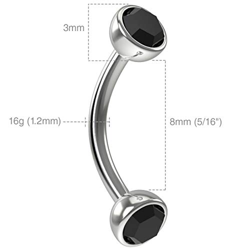 2 Piezas 1.2mm 16g Acero Quirúrgico 316L Cristal Jet Piercing Curved Bar Barbell Ceja Curvada 8mm 8mm