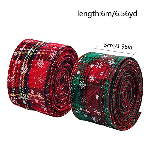 2 rollos 6m Cinta de Navidad con Borde de Alambre Arpillera a cuadros Cinta Cinta de envoltura navideña Cinta de tartán con borde Cinta de copo de nieve verde rojo Cintas para manualidades 5cm