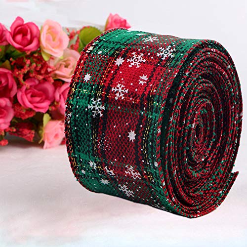 2 rollos 6m Cinta de Navidad con Borde de Alambre Arpillera a cuadros Cinta Cinta de envoltura navideña Cinta de tartán con borde Cinta de copo de nieve verde rojo Cintas para manualidades 5cm