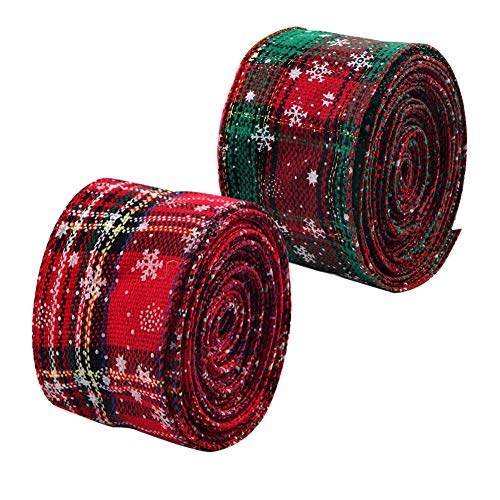 2 rollos 6m Cinta de Navidad con Borde de Alambre Arpillera a cuadros Cinta Cinta de envoltura navideña Cinta de tartán con borde Cinta de copo de nieve verde rojo Cintas para manualidades 5cm