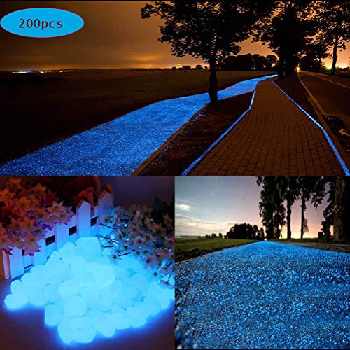 200 Piezas Piedras Luminosas Azul, 200 Piezas Piedras Decorativas Guijarros, Piedras Decorativas del Jardín para Las Calzadas Decoración al Aire Libre Tanque de Peces de Acuario Camino Lawn Yard