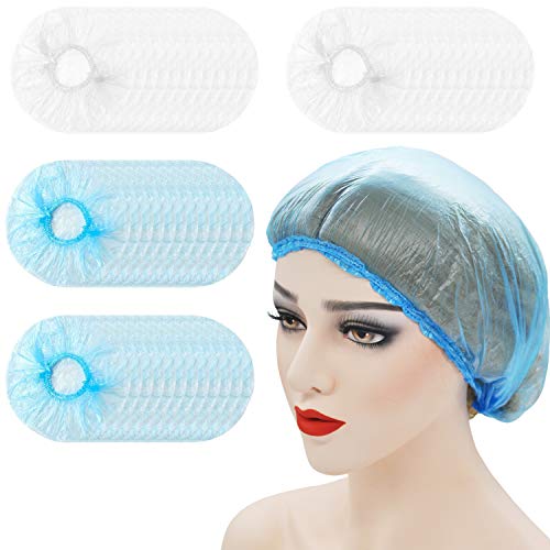 200Pcs Gorros de Ducha Desechables Plastico Gorros de Baño Transparente Grueso Sombreros Tapas de Ducha Elástico Gorros para el Cabello para el Hogar, Hotel, Spa, Peluquería y Viajes (Azul+Blanco)