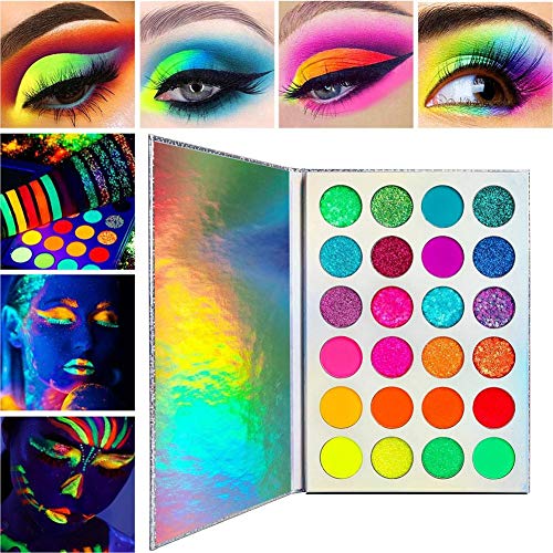 24 colores Paleta de sombras de ojos Glow, Neon Eyeshadow Palette Glow in the Dark, Sombra de ojos luminosa, Impermeable a prueba de sudor Sombra, Para ojos, cara, cuerpo, cabello