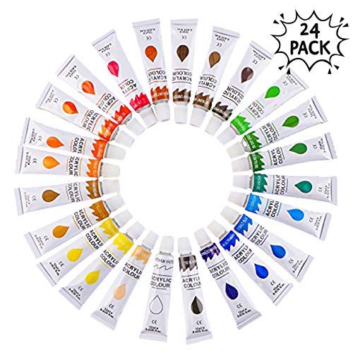 24 Pintura Acrílica, 24 Colores (12ml/Tubo)| Cristal Pared Papel Madera Tela Lienzo Cerámica| No Tóxico, Se Mezcla Fácilmente, Pigmento Rico, Colores Brillantes| Niños Adultos Profesional Artistas.