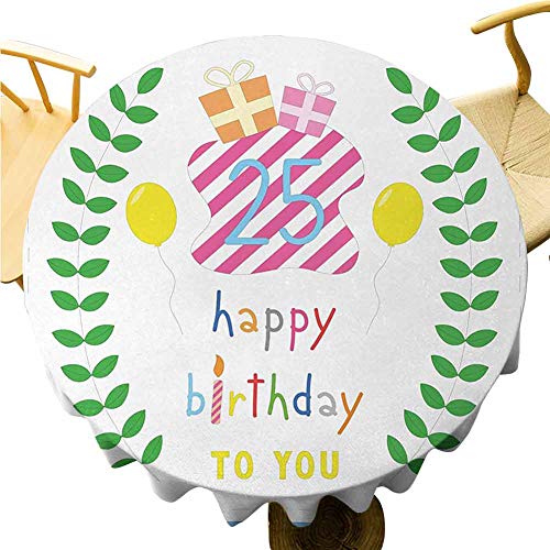 25th Birthday small round tablecloth Use it for dining room, restaurants, weddings, cafe, picnics, BBQ's, party, etc 47 inch Happiness Nature Themed Composition Pastel Presents Balloons Artwork Print