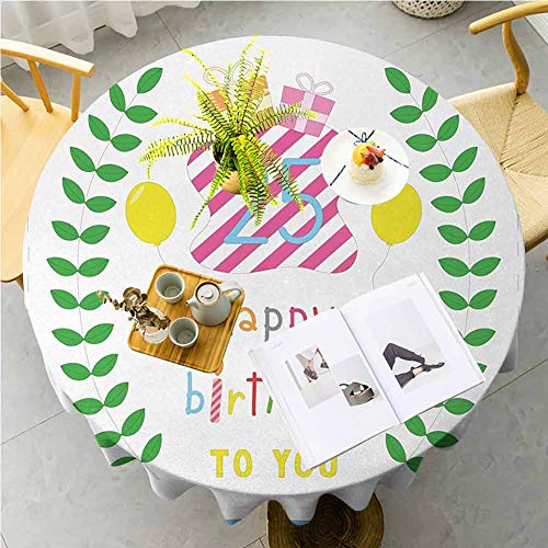 25th Birthday small round tablecloth Use it for dining room, restaurants, weddings, cafe, picnics, BBQ's, party, etc 47 inch Happiness Nature Themed Composition Pastel Presents Balloons Artwork Print