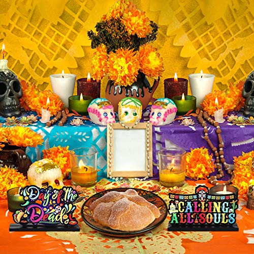 3 Decoraciones de Centros de Mesa de Día de Los Muertos, Signos de Calavera de Azúcar, Decoración de Fiesta de Halloween de Calavera Esqueleto Mexicano Madera Bandeja de Nivel de Cena de Papel Picado