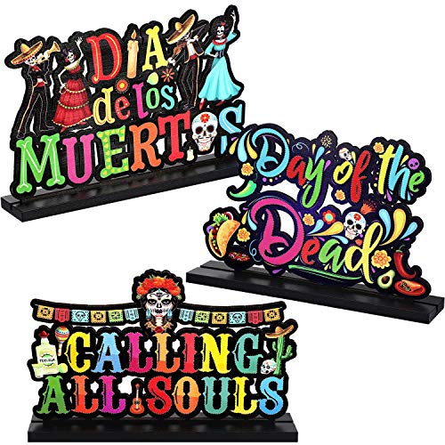 3 Decoraciones de Centros de Mesa de Día de Los Muertos, Signos de Calavera de Azúcar, Decoración de Fiesta de Halloween de Calavera Esqueleto Mexicano Madera Bandeja de Nivel de Cena de Papel Picado