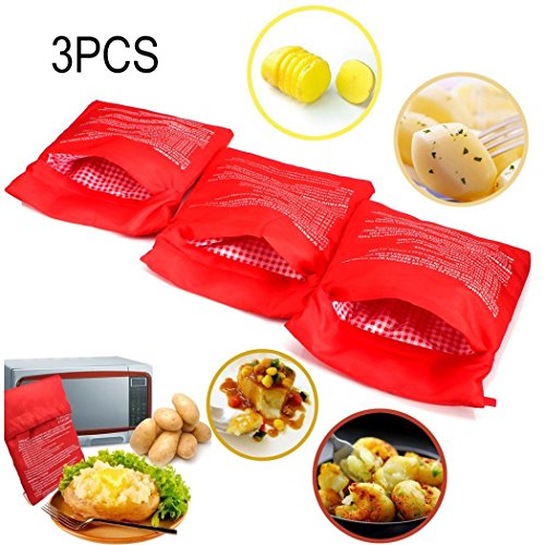 3 PCS Patata Microondas Bolsa Potato Express Pouch Lavable reutilizable Bolsa de patata de microondas Patata Express Bag Perfect Patatas Solo en 4 minutos (Rojo)