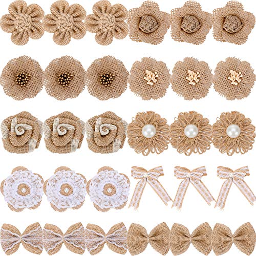 30 piezas hechas a mano de arpillera natural rústico de encaje rosa flor lazo natural perla falsa flor cordel cinta para bricolaje manualidades ramos boda fiesta decoración del hogar, 10 estilos