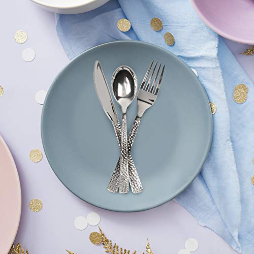 300 Cubiertos de Plástico Desechables, Plata Elegante| Calidad Premium, Resistente, Práctico y Sin BPA| 100 Cuchillos 100 Tenedores 100 Cucharas| Bodas Fiestas Cumpleaños Navidad.