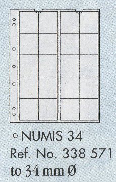 34 NUMIS hojas para monedas hasta 34 mm de diámetro. Paquete de 5 láminas con agrandamiento. 193 x 217 mm