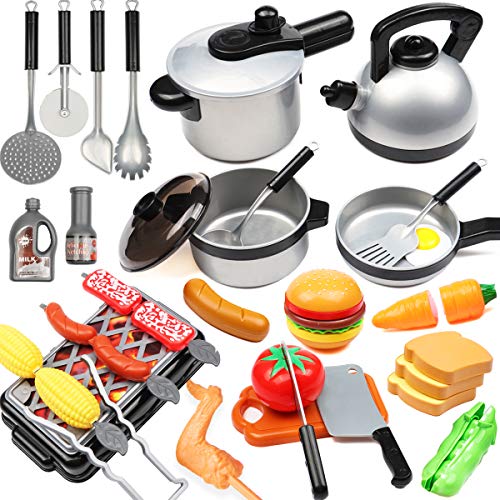 34 PCs Accesorios Cocina Niños con Ollas y Sartenes Parrilla Barbacoa Cortar Verduras Regalos Cumpleanos Utensilios Cocina para Niños