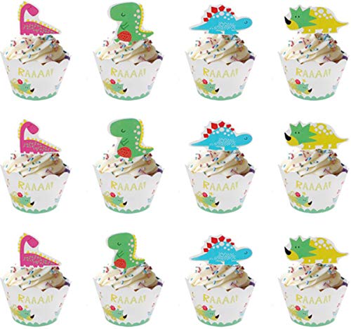 36PCS Dinosaurio Cupcake Topper de Tarta Magdalenas Decoración y Doble Cara Cupcake Wrappers Pasteleria y Reposteria Decoracion para Niños Infantiles Fiestas de Cumpleaños Decoración Suministros