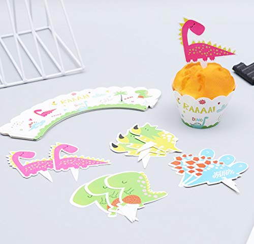 36PCS Dinosaurio Cupcake Topper de Tarta Magdalenas Decoración y Doble Cara Cupcake Wrappers Pasteleria y Reposteria Decoracion para Niños Infantiles Fiestas de Cumpleaños Decoración Suministros