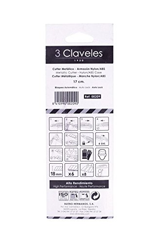 3Claveles 209 - cúter metálico nylon con auto-lock plano hoja 18 mm - 6 hojas