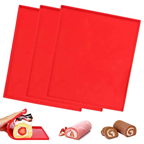 3Pcs Silicona Swiss Roll Mat Multifuncional Antiadherente Silicona Swiss Roll Back Matte, Torta de La Hornada de Pizza Pasteles Pad Bandeja de Herramientas 31.5x27x0.9CM color Rojo