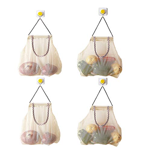 4 Bolsas Eco Reutilizable de almacenamiento de malla colgante, Bolsas de Frutas y Vegetales Bolsas de Malla de Respirable para Ajos Patatas Cebollas o Bolsa de Basura Organizador Bolsa Baño