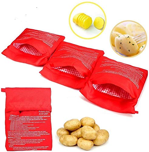 4 PCS Bolsa para Patatas en Microondas, NALCY Lavable Reutilizable Bolsa de Patata de Microondas Bolsa de Cocina Perfecto Patatas Sólo en 4 Minutos (Rojo, 24x 19 x 2 cm)