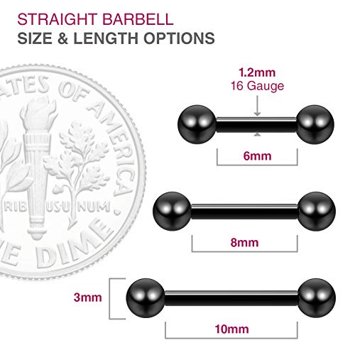 4 Piezas 1.2mm 16g Negro Acero Quirúrgico 316L Barbell Piercing Bar Pezón Pezón Recto Stud 8mm