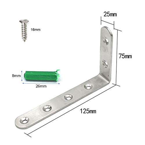 4 Piezas Soporte de ángulo Recto de Acero Inoxidable, Código de Esquina en Forma de L,Soportes de ángulo Recto de 90 Grados, Sujetador de Soporte de ángulo Recto con Tornillos,125 * 75 * 20 mm